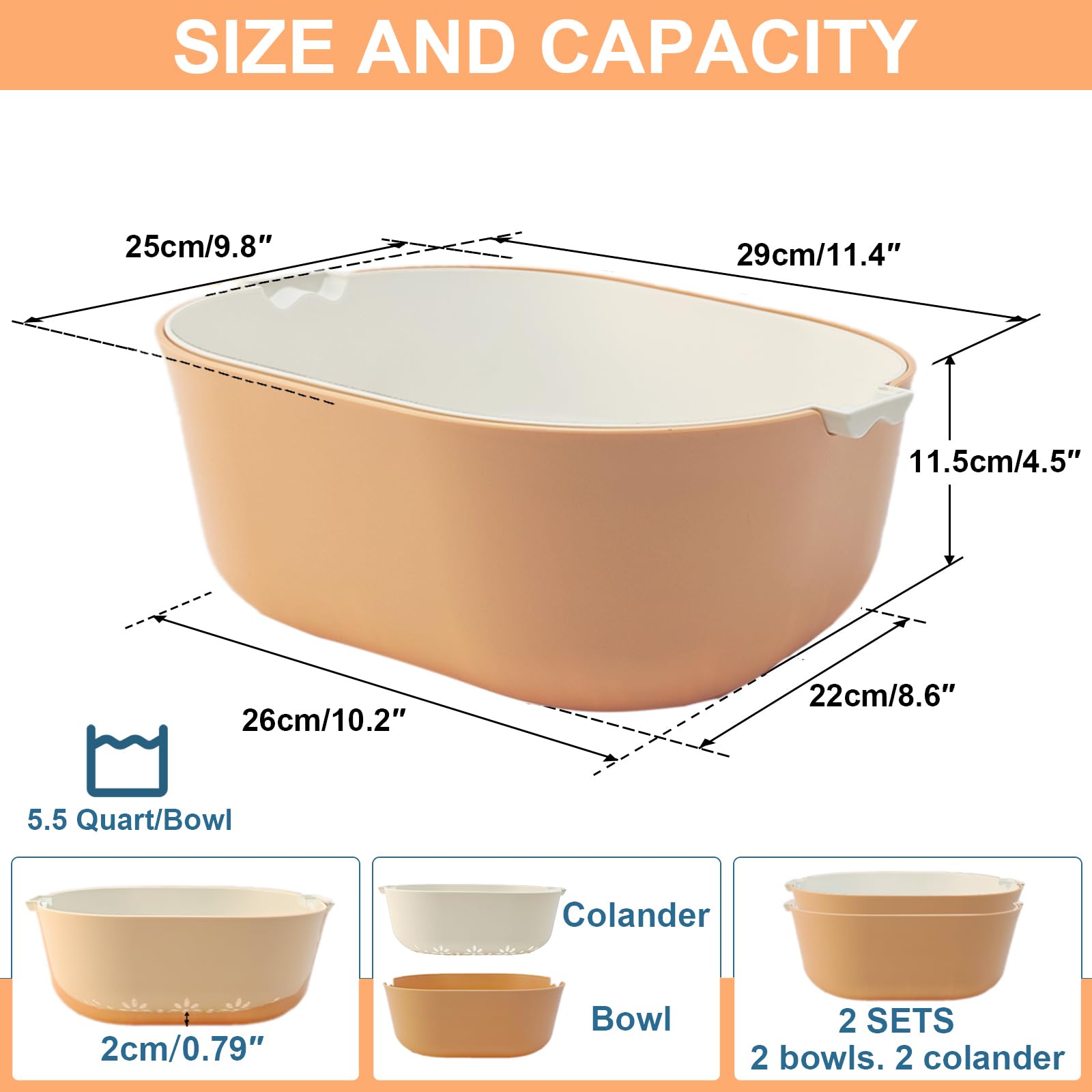Set di 2 colini e scolapasta per lavello da cucina, senza BPA, lavabile in lavastoviglie, capacità 5,5 litri, perfetto per lavare frutta, verdura e pasta