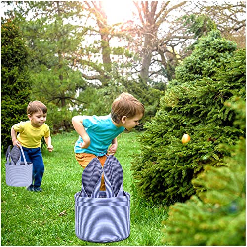 Image of XinblueCo Easter Bunny Basket Seersucker Egg Bags for Kids,Personalized Candy Egg Basket Rabbit Print Buckets with Fluffy Tail Gifts Bags for Easter(Seersucker Blue)