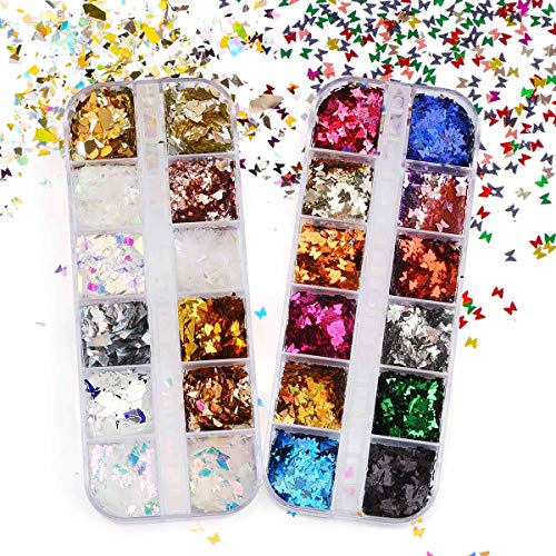 24 Jars Nail Glitters, 12 colors Butterfly + 12 x Irregular Mirror 3D Holographic Chunky Glitter Flake Sequins Manicure Pedicure Face DIY Acrylic Nail Art Design