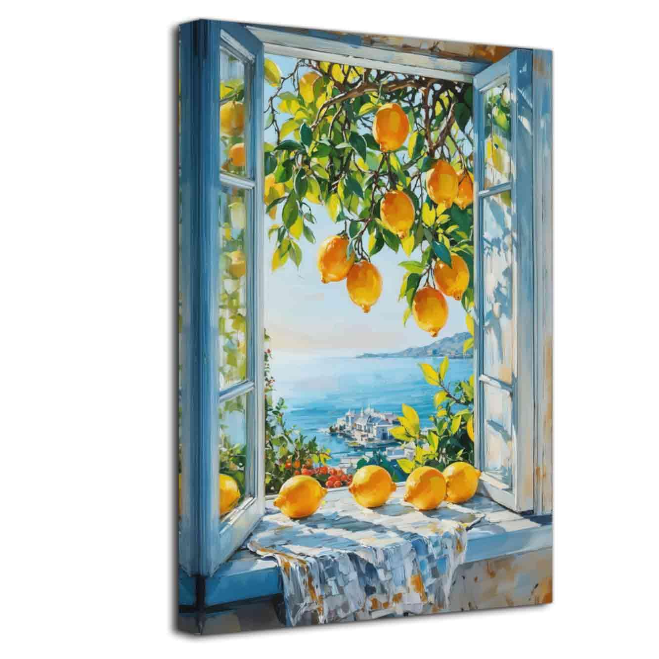 LZIMU Lemon Wall Art Kitchen Decor Bathroom Pictures Lemon Tree Canvas Prints Vintage Yellow Fruit Painting Rustic Landscape Poster Farmhouse Artwork Framed (Blue, (42L x 28W))