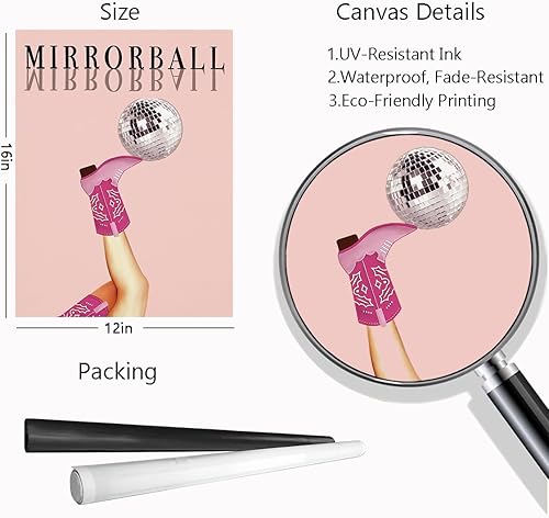 Miniatura 6 de Cyprethy Funky Mirrorball - Lienzo decorativo para pared, póster de decoración de botas de vaquera occidental, arte de pared femenino rosa intenso,