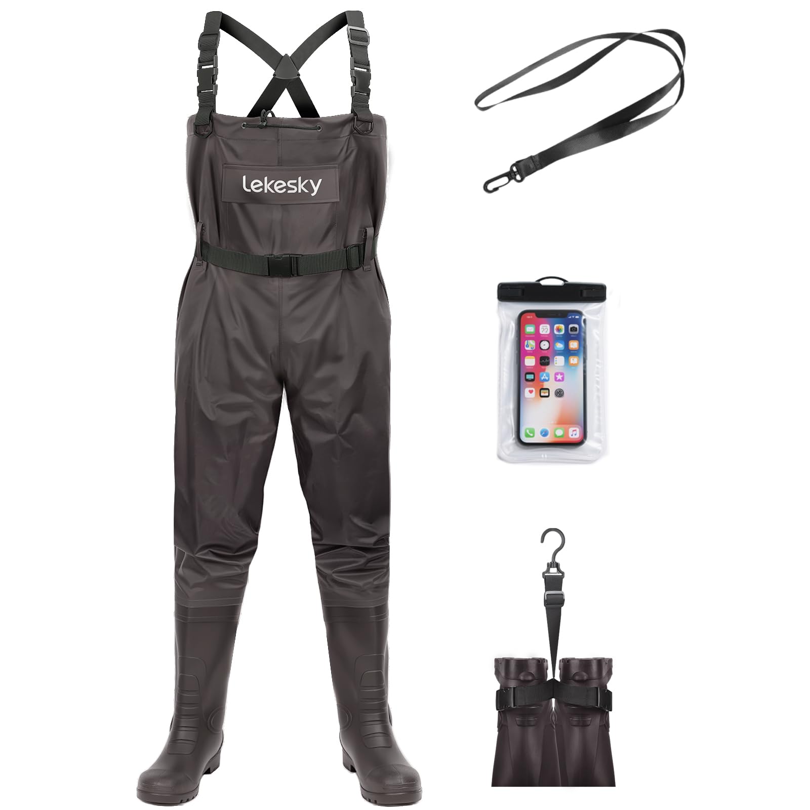 Lekesky 100% Waterproof Fly Fishing Chest Waders with Boots for Men Women, 2-Ply Nylon/PVC Gardening Overalls for Pond Maintenance, Brook Clearance, Wading Work (Brown,9)