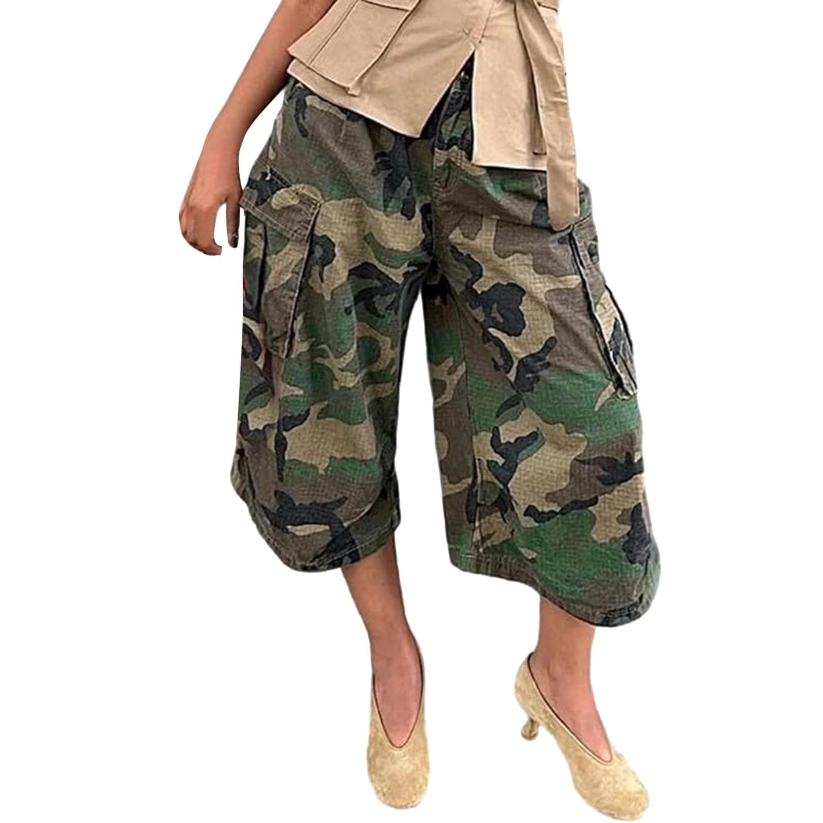 Pantalones Cargo Mujer CamuflajePantalón Ancho Cintura Alta con Múltiples BolsillosEstilo Urbano Streetwear Holgado para Moda Callejera,Viaje y Ocio