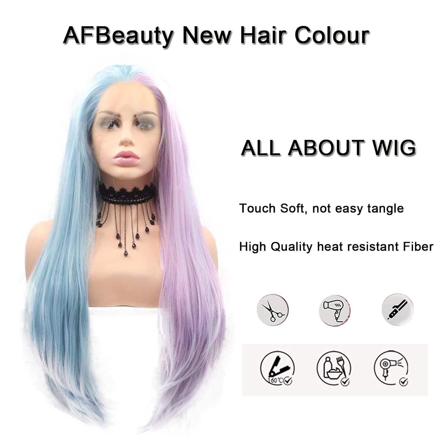 Blue Purple Synthetic Lace Front Wig Long Straight Half Wig Light Purple Blue HD Lace Front Wig Pre Plucked Natural Hairline for Women Heat Resistant Fiber Hair Cosplay Daily Wear Wigs