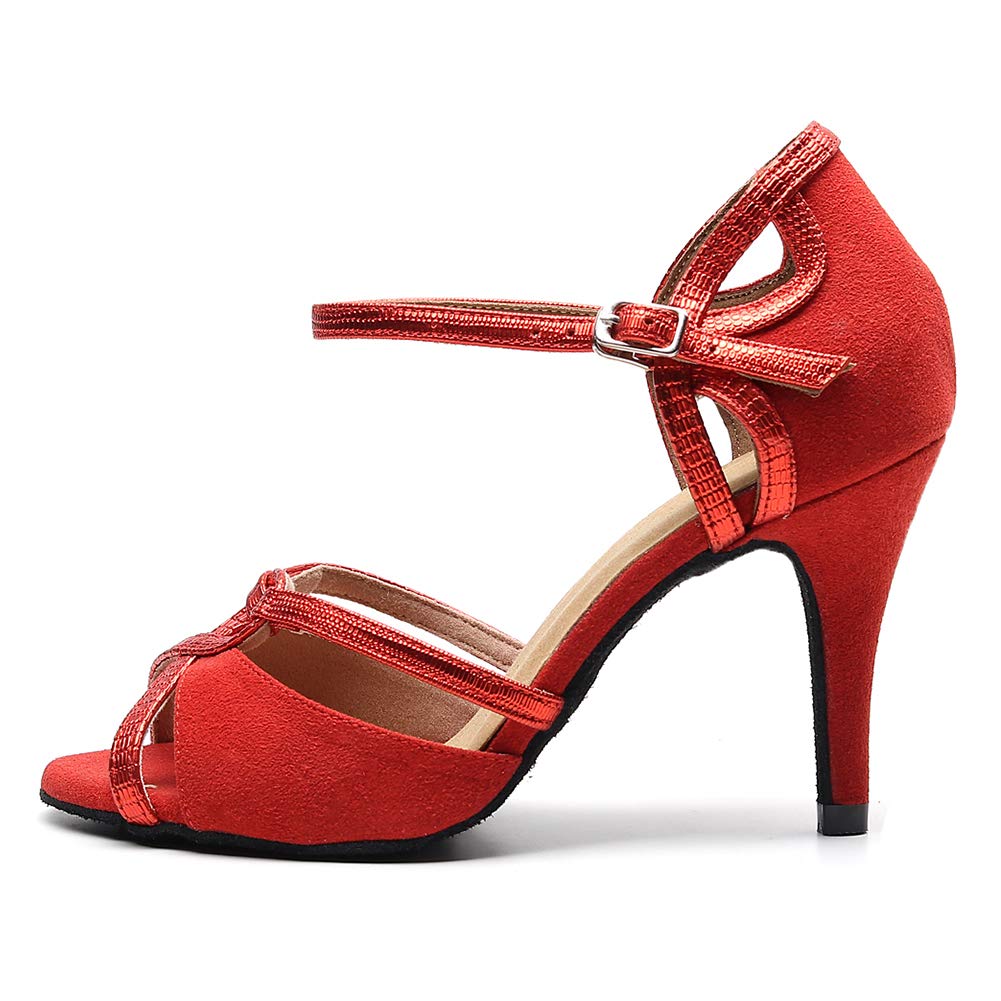 HIPPOSEUS Women's Professional Latin Dance Shoes Ankle Strap Red Salsa Bachata Ballroom Dance Heels 3.5
