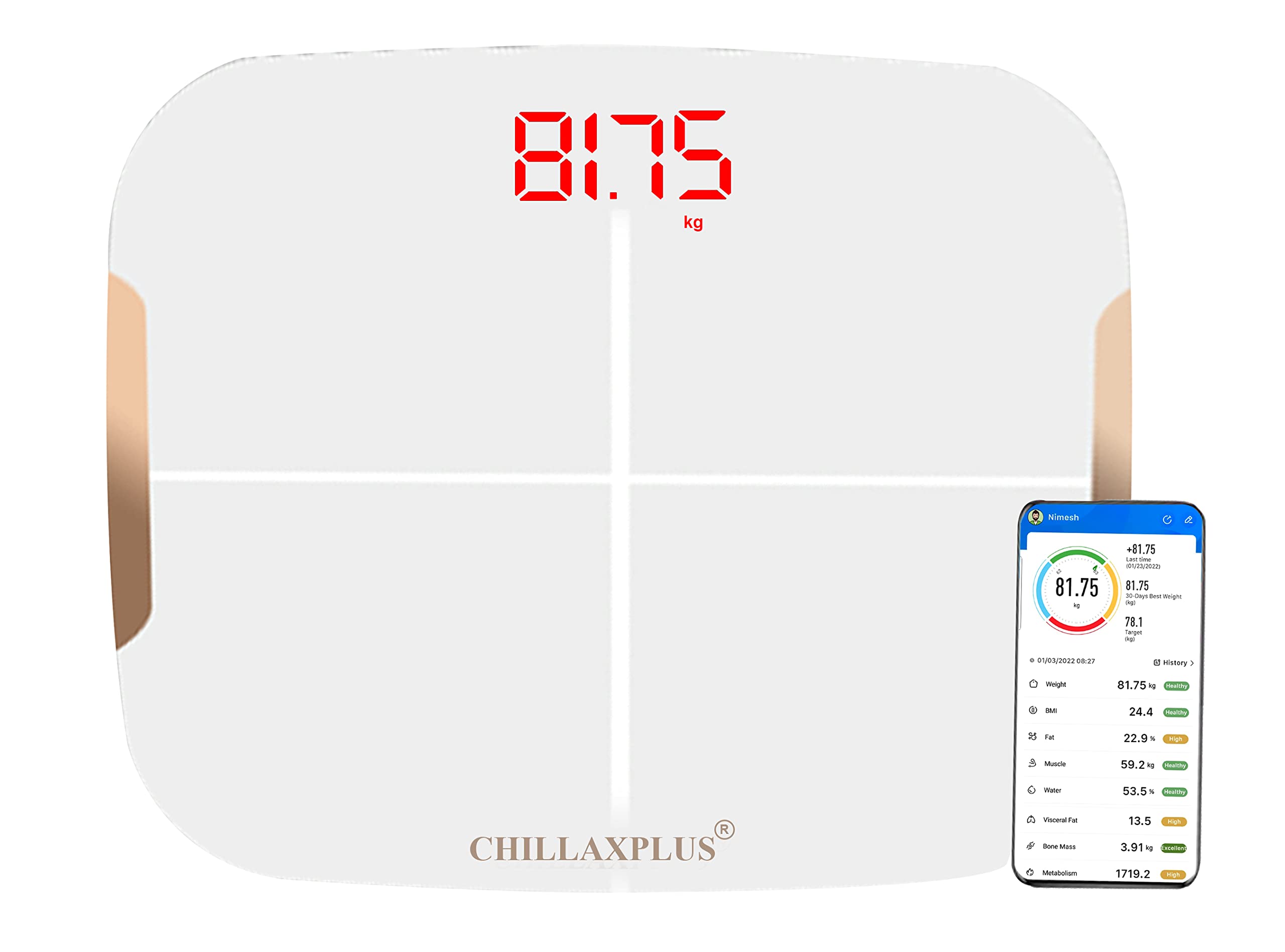 CHILLAXPLUS Smart Bluetooth BMI Weight Machine with Strong ABS Body | digital weight machine with body fat analyser & 13 Essential Body Parameters Manage up to 8 Users (White)