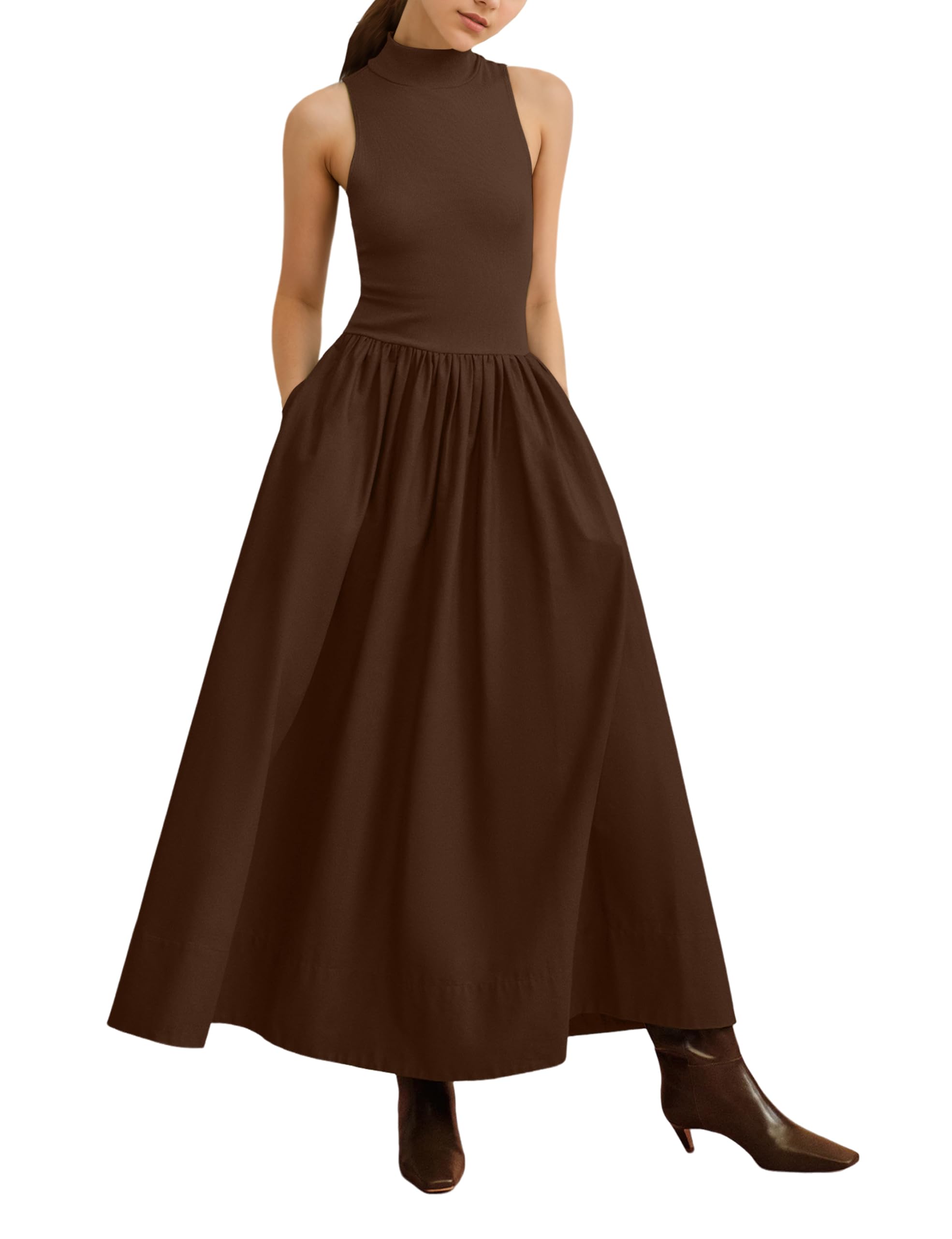 LauweionWomen's Sleeveless Turtleneck Maxi Dress Patchwork Casual Solid Flowy Mock Neck Long Dress with Pockets