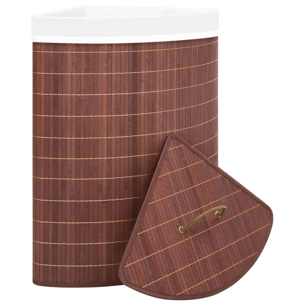 Cesto para la colada de esquina de bambú marrón, 60 L, con bolsa interior extraíble, plegable, para baño, dormitorio, lavandería, asa en la tapa, almacenamiento para ropa y juguetes