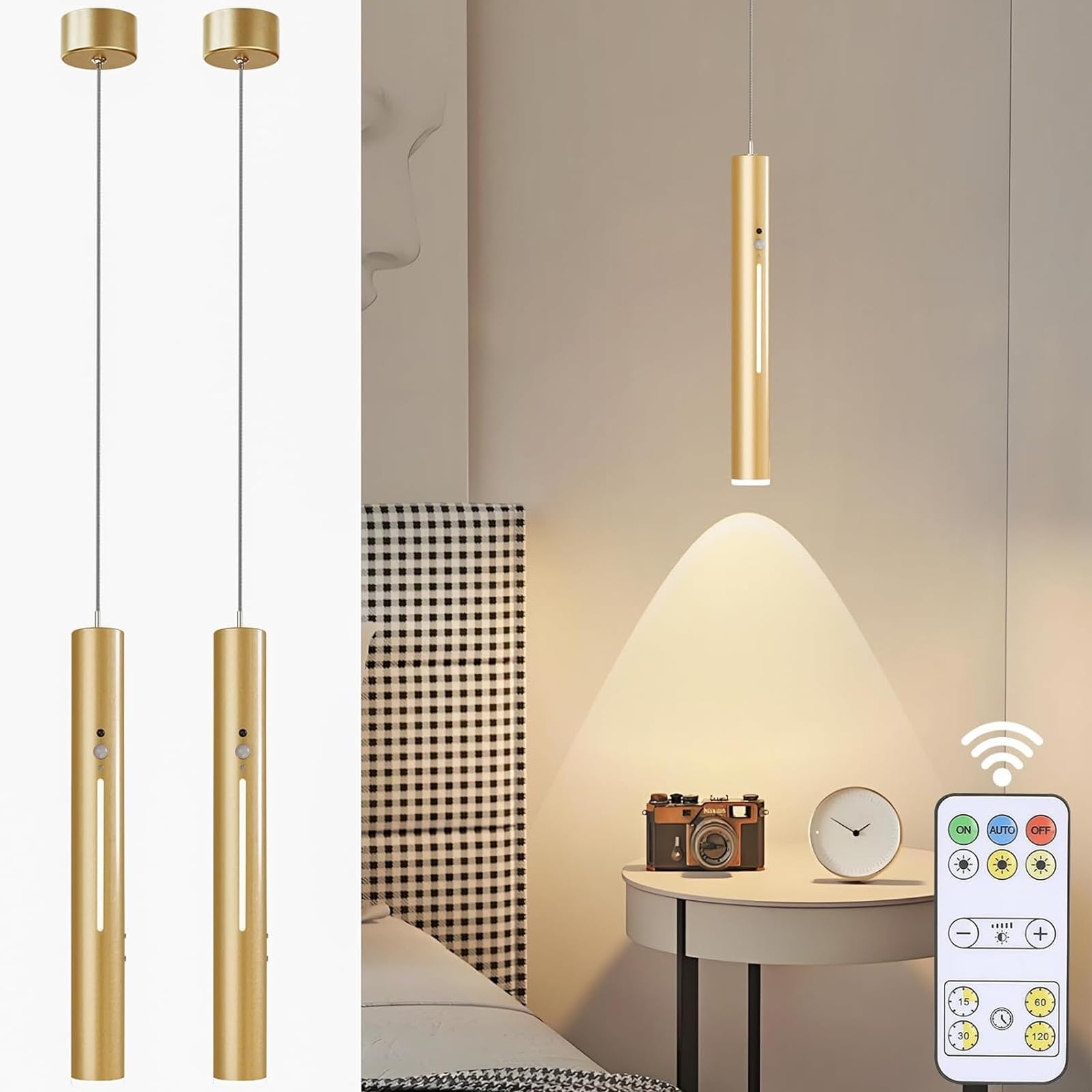 Batteriebetriebene Hängelampe mit 6000 mAh Akku-Modern Pendelleuchte mit Fernbedienung,Dimmfunktion & Bewegungsmelder für Küche,Schlafzimmer und Wohnzimmer (Gold 2 Stück)