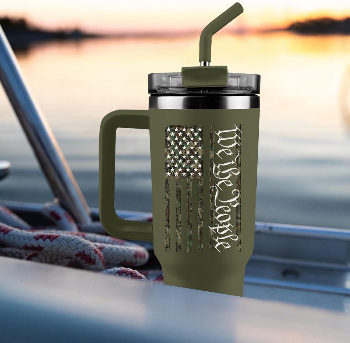 Kerusso Hold Fast, Patriotic Flag Design, Green 40 Ounce Lidded Stainless Steel Travel Tumbler with Straw, We The People - Image 3