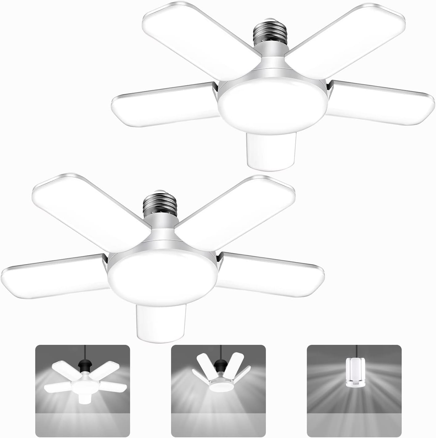 LED Garage Lights, 80W LED Garage Ceiling Lights with 5 Deformable Panels, 8000LM LED Shop Lights for Garage E26/E27 LED Light Bulbs for Garage, Workshop, Warehouse (2 Packs)