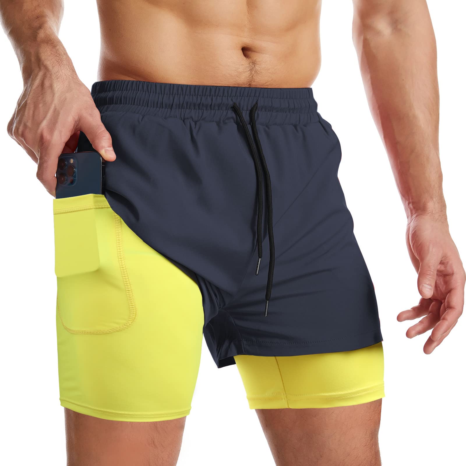 Danfiki Pantaloncini Sportivi da Uomo Running Shorts Asciugatura Rapida con Tasca per Jogging Tennis Fitness Allenamento 2 in 1