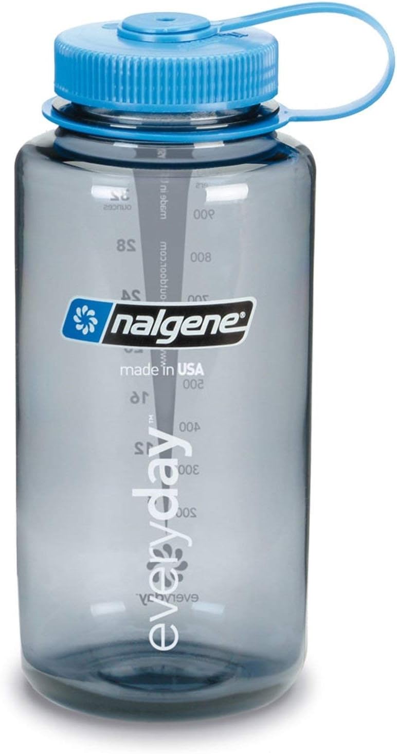 Tritan Wide Mouth BPA-Free Water Bottle, Gray W/Blue Lid, 32 oz
