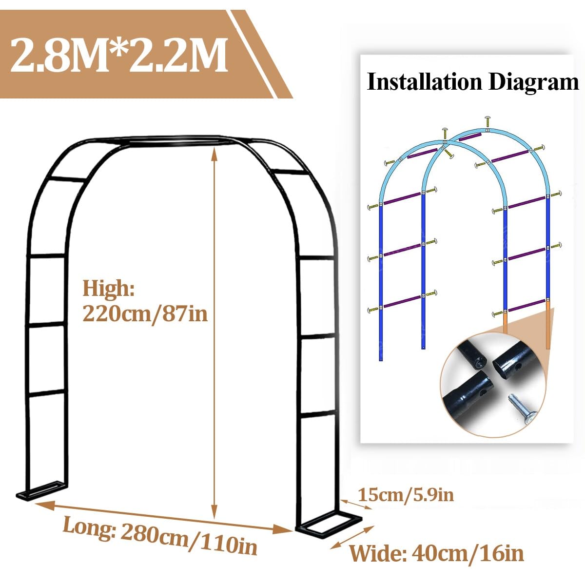 Regulowany metalowy łuk ogrodowy – solidna biało-czarna kratka do roślin pnących, dekoracja ślubna na zewnątrz, szerokość 80-350 cm, dł. 280 x szer. 40 x wys. 220 cm, idealna na imprezy ogrodowe i
