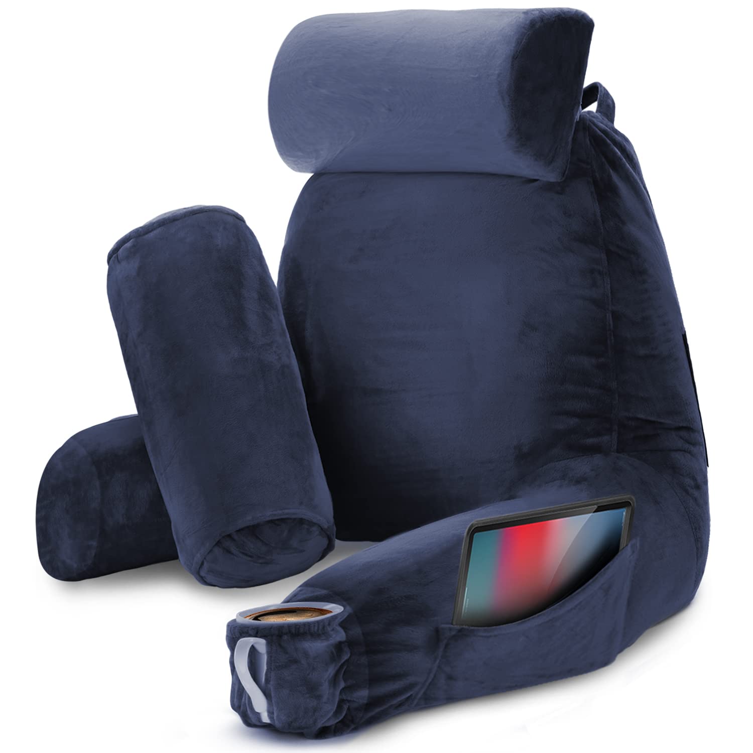 nestl reading pillow large bed pillow, back pillow for sitting in bed shredded memory foam chair pillow, reading & bed rest pillows navy blue back pillow for bed, bed chair arm pillow with pockets