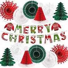 Christmas Party Decorations, Merry Christmas Banner Honeycomb Santa Hats Trees Hanging Snowflakes Paper Fans for Xmas Party Eve Holiday Home Decor