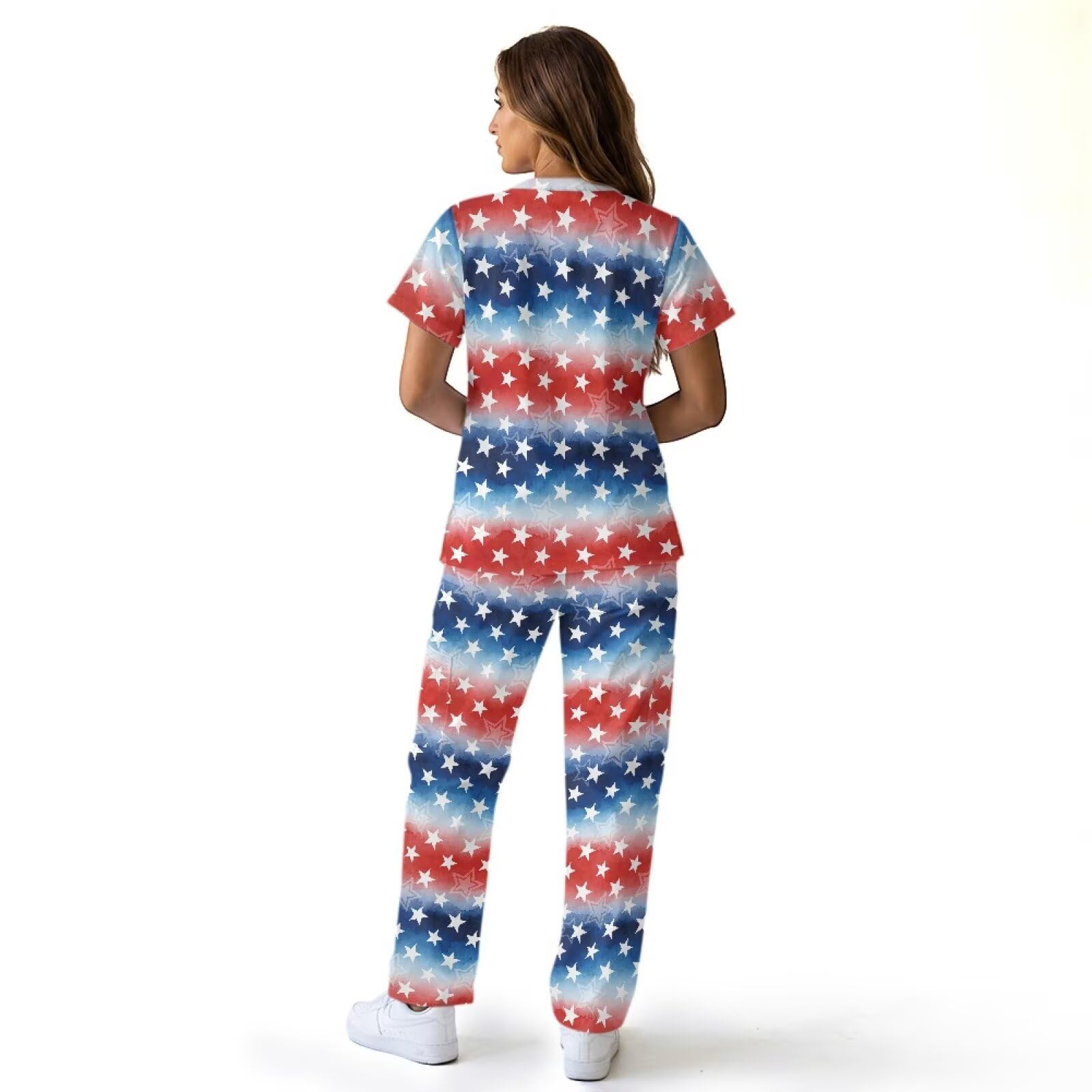 USA 250-letni damski zestaw peelingów czerwony, biały i niebieski top i spodnie patriotyczne, peelingi plus size dla kobiet, akcesoria do asystentów medycznych