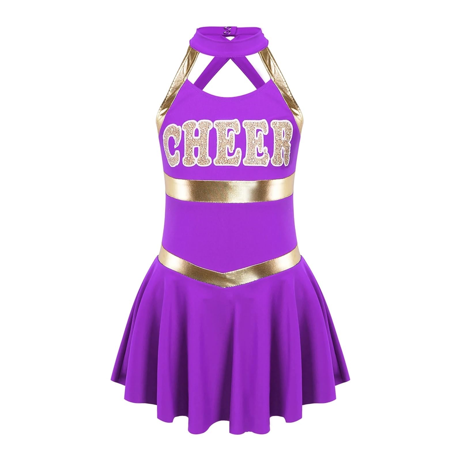 Uniforme da Cheerleader Costume da Cheerleader Dancewear Senza Maniche Stampa di Lettere Hollow Back Dance Cheerleader Uniform Dress Abbigliamento di Gruppo Costume da Cheerleader(Purple,16)