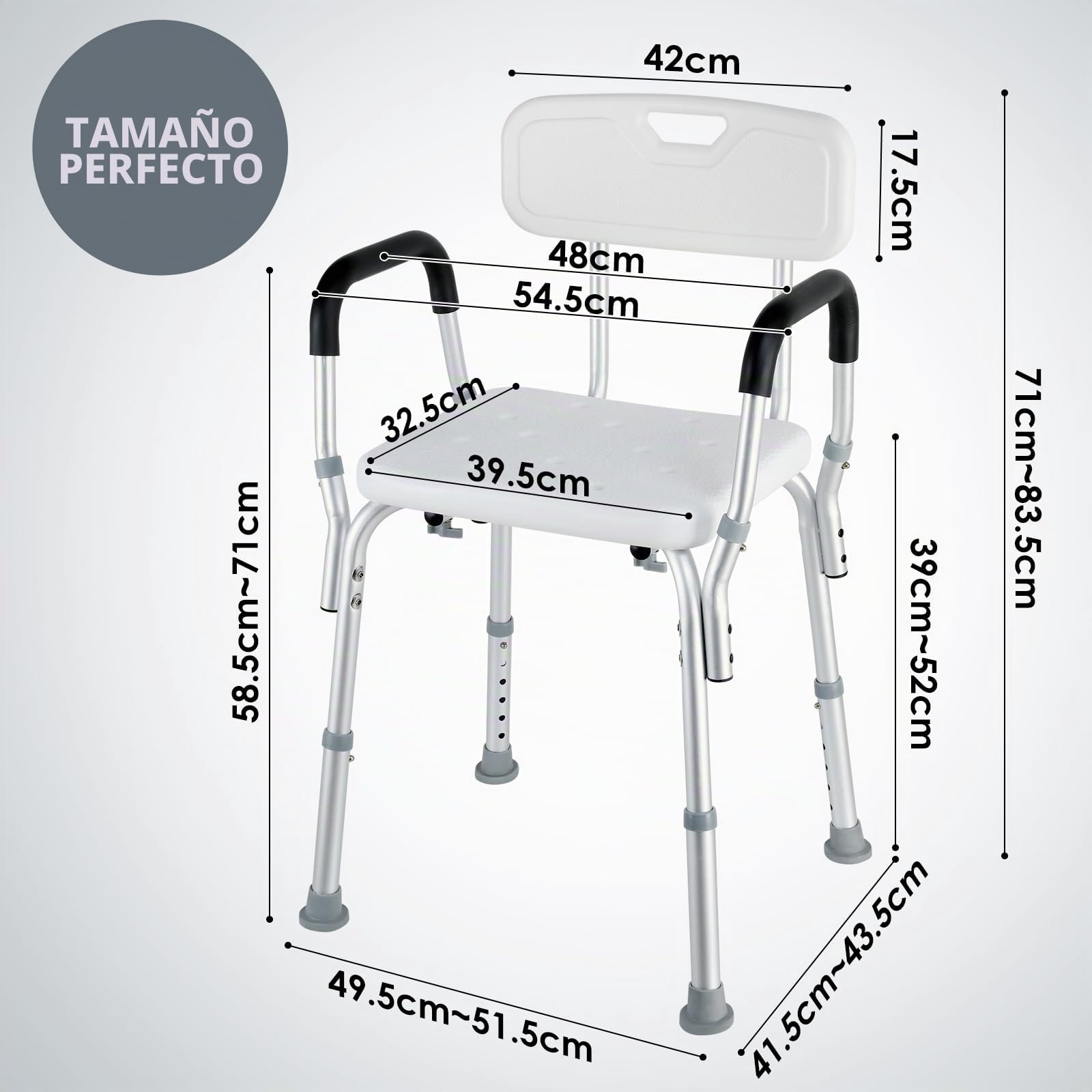 LIFERUN Silla de ducha ajustable, asiento de ducha con respaldo y brazos acolchados, pies antideslizantes, carga máxima de 136 kg, taburete de baño portátil para ancianos, discapacitados y embarazadas