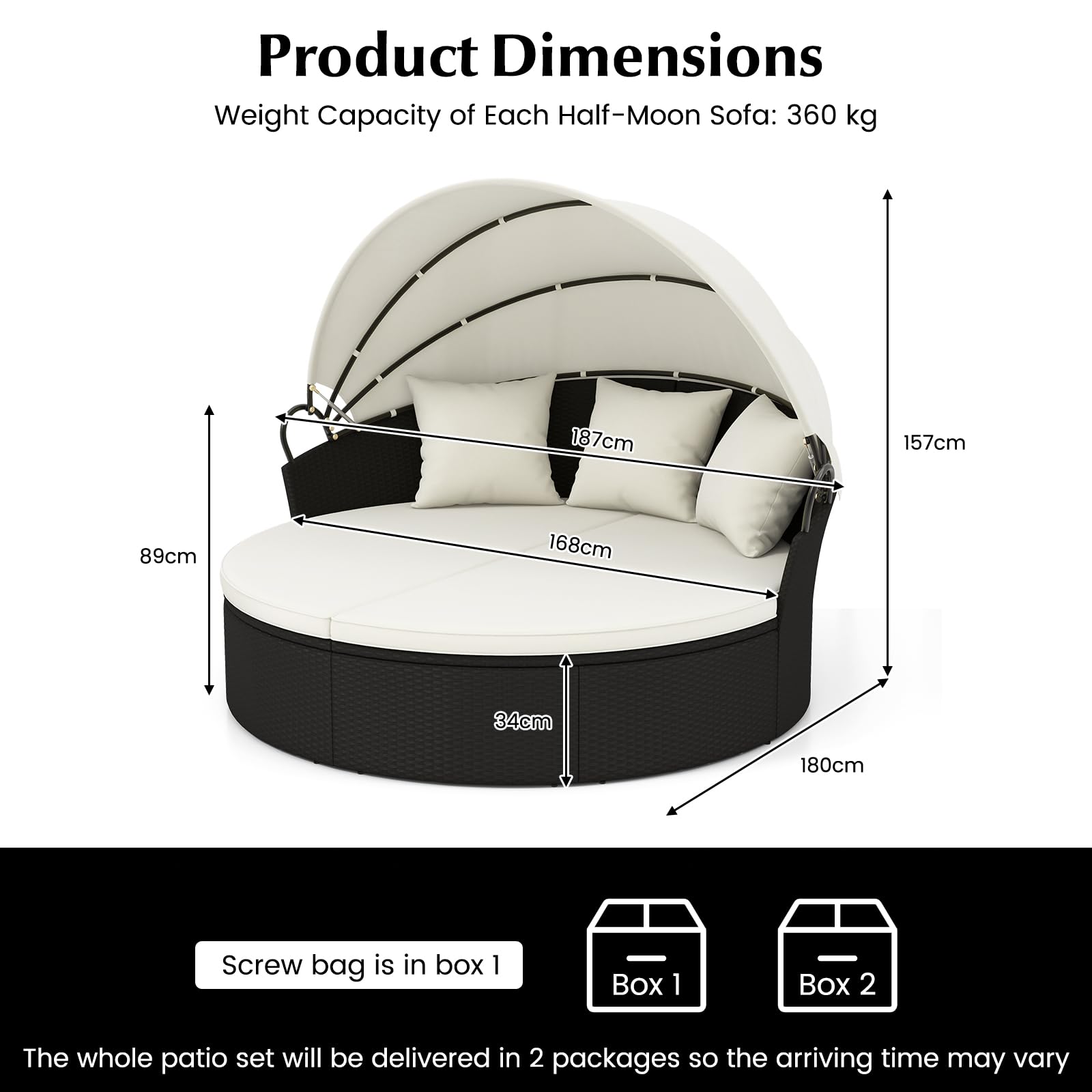 GIANTEX Sonneninsel Liegeinsel mit Kissens, faltbarem Sonnendach, Rattan Lounge Gartenmuschel Outdoor, Sonnenliege Gartenliege Set rund φ187 cm für 2-3 Personen, Gartenlounge Terrassenmöbel (Weiß)