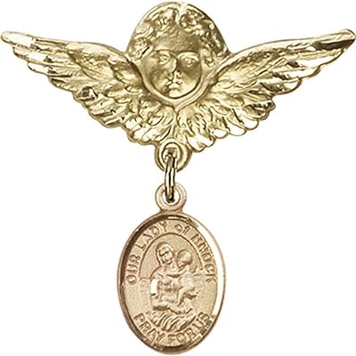 14kt Yellow Gold Baby Badge with Our Lady of Knock Charm and Angel w/Wings Badge Pin 1 1/8 X 1 1/8 inches