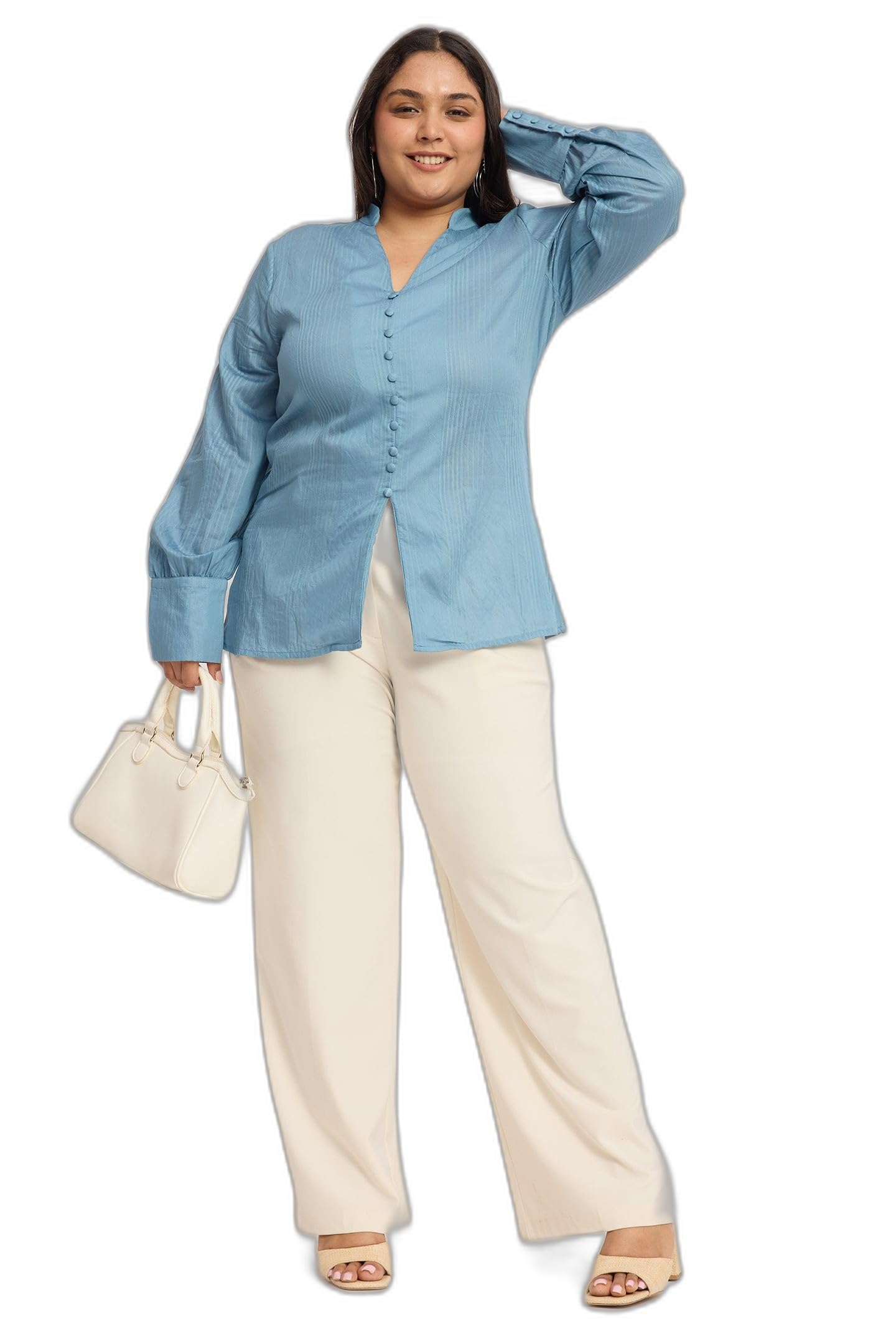 Beyond the Curve by VIRGIO Mandarin Split V-Collar Shirt for Women, Lightweight Long Sleeve Top with Elegant Collar Design, Stylish Outfit for Brunch, Travel and Casual Outings-picture-56