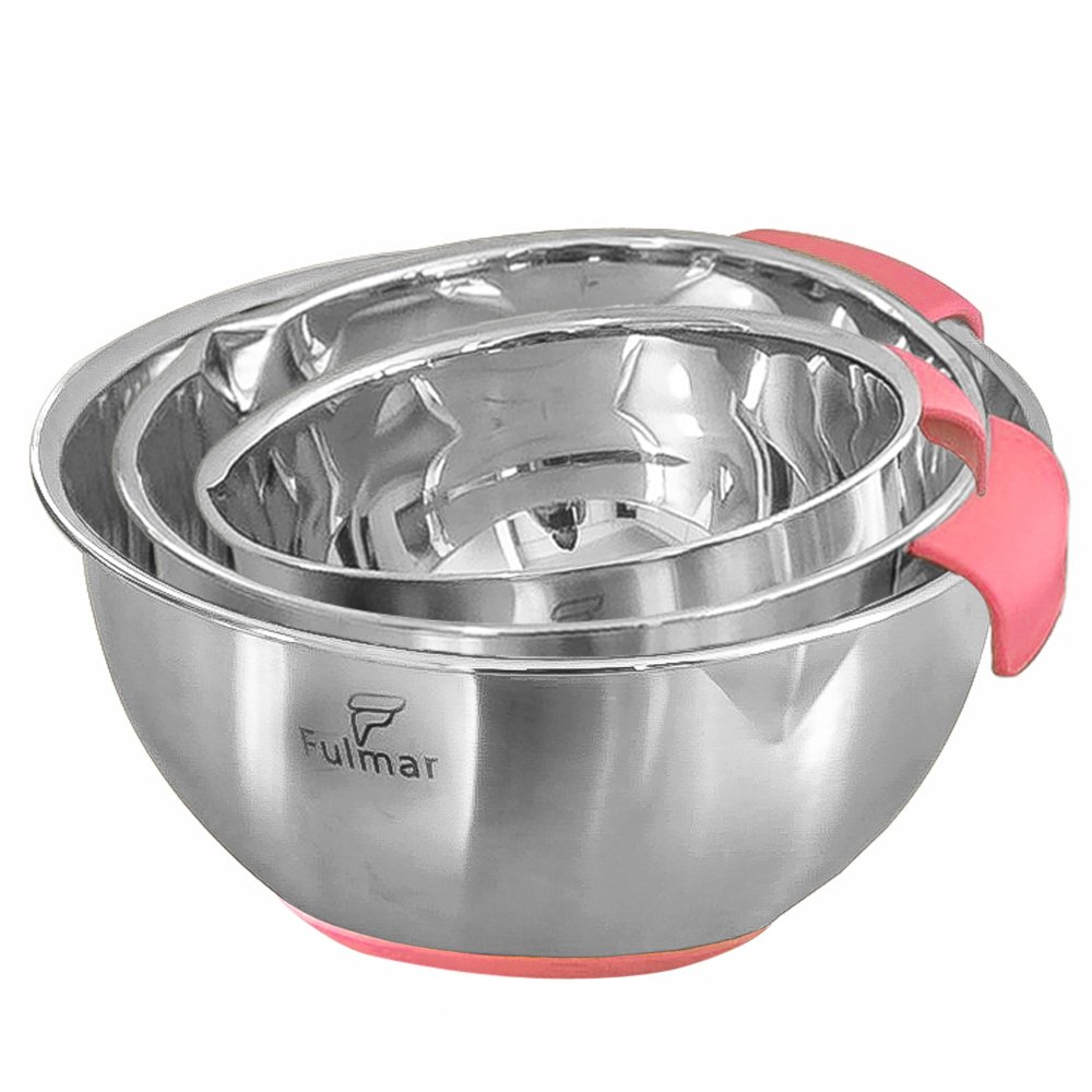 Fulmar 3-piece Mixing Bowl set made of Stainless Steel with Silicon Handle and Non-skid Bottom. Complimentary Recipe E-book set