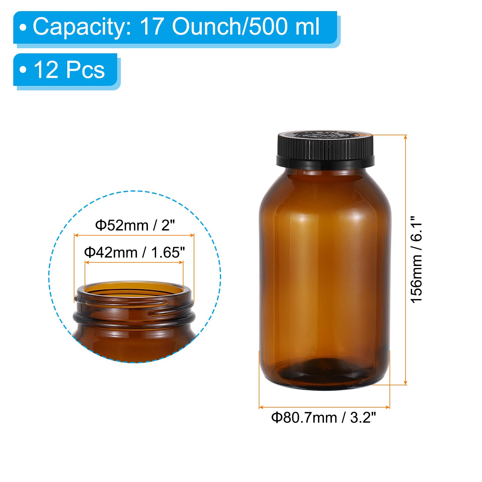 PATIKIL Frasco Envasador De Vidrio De 17 Onzas/500 ml, 12 Piezas Frasco Envasador De Boca Ancha Con Tapa Negra Estriada Para Líquidos Reactivos, Aceites Esenciales, Perfume, Ámbar.