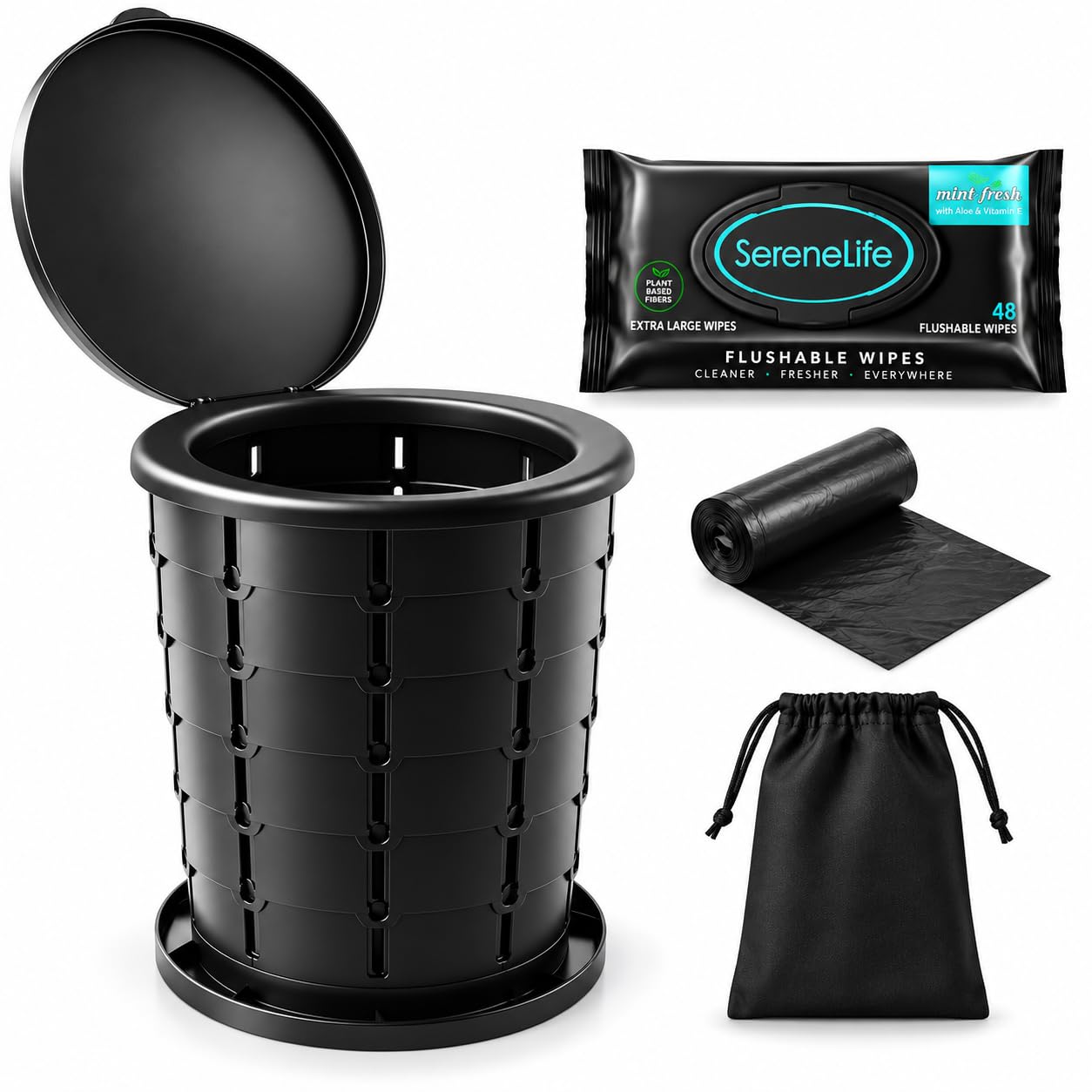SereneLife Portable Camping Toilet, Adjustable Height Foldable Travel Potty with Lid, Carry Bag, 48 Flushable Wipes &amp; Trash Bags, 330 Lbs Capacity, for Camping, Hiking, Boating &amp; Emergencies