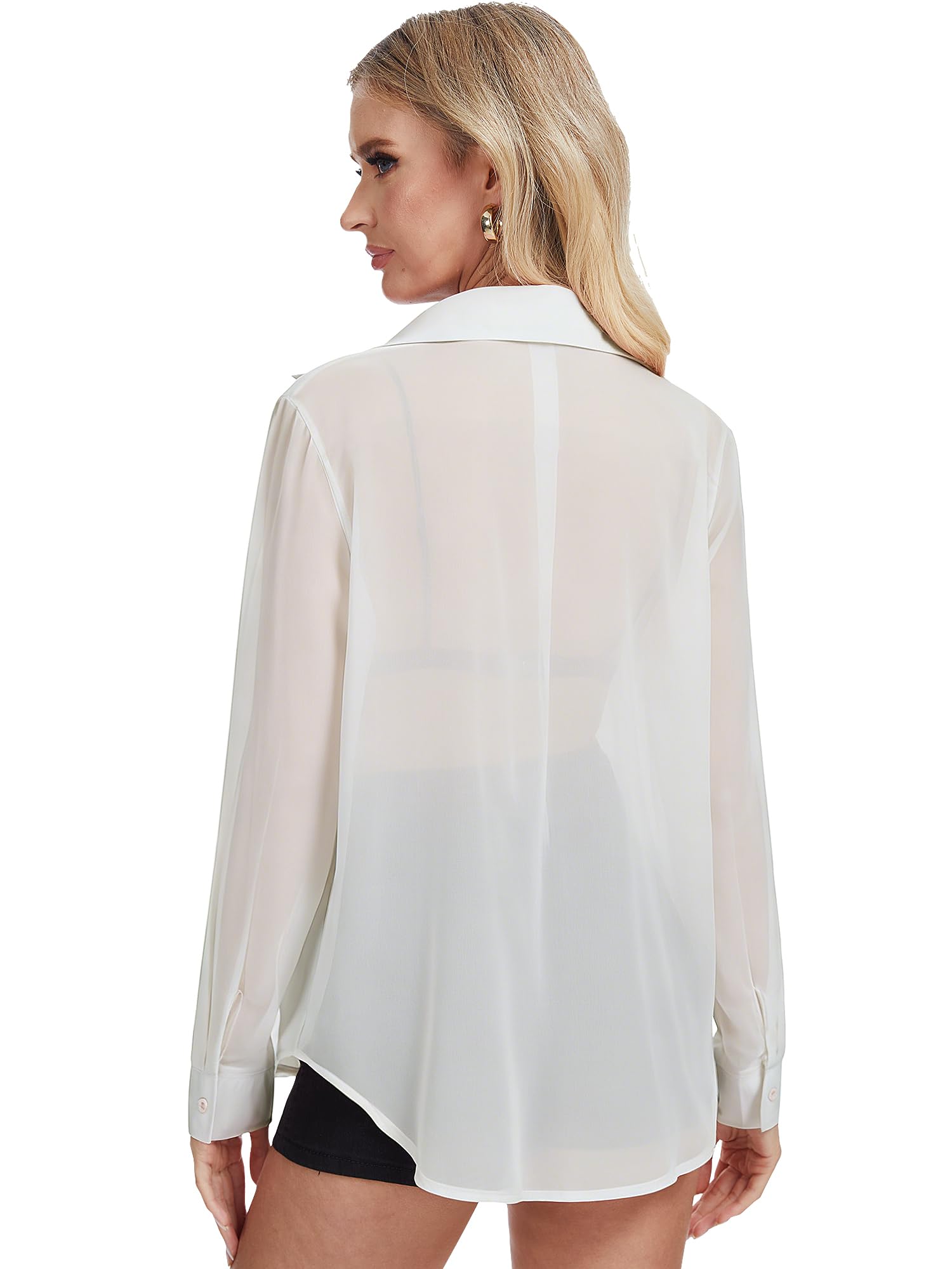 ANTLOOWW Damen Bluse Klassisches Durchsichtig Hemd,Langarm Shirts Damen mit Knopfleiste,Chiffon Hemdbluse,Größen S–XXL