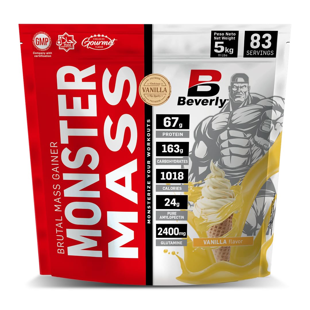 Beverly Monster Mass - Proteína de suero whey mas hidratos de carbono y glutamina - 5 Kg - 83 servicios - Masa muscular y fuerza. Excelente sabor y disolución. Sabor (VAINILLA)