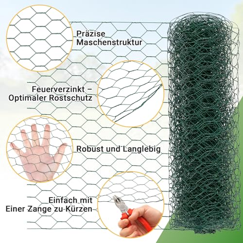 Daromigo Sechseckgeflecht Maschendrahtzaun - Verzinkt Kaninchendraht, Drahtzaun, Hasendraht - Sechseck Drahtgitter Maschenweite 27 mm, Höhe 50 cm, Länge 25 m - Grün