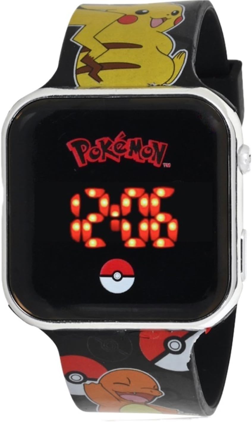 Accutime Kids LED Watch Pokemon Design Large Digital LED Display Adjustable Strap Long Battery Life Auto Shut Off Black