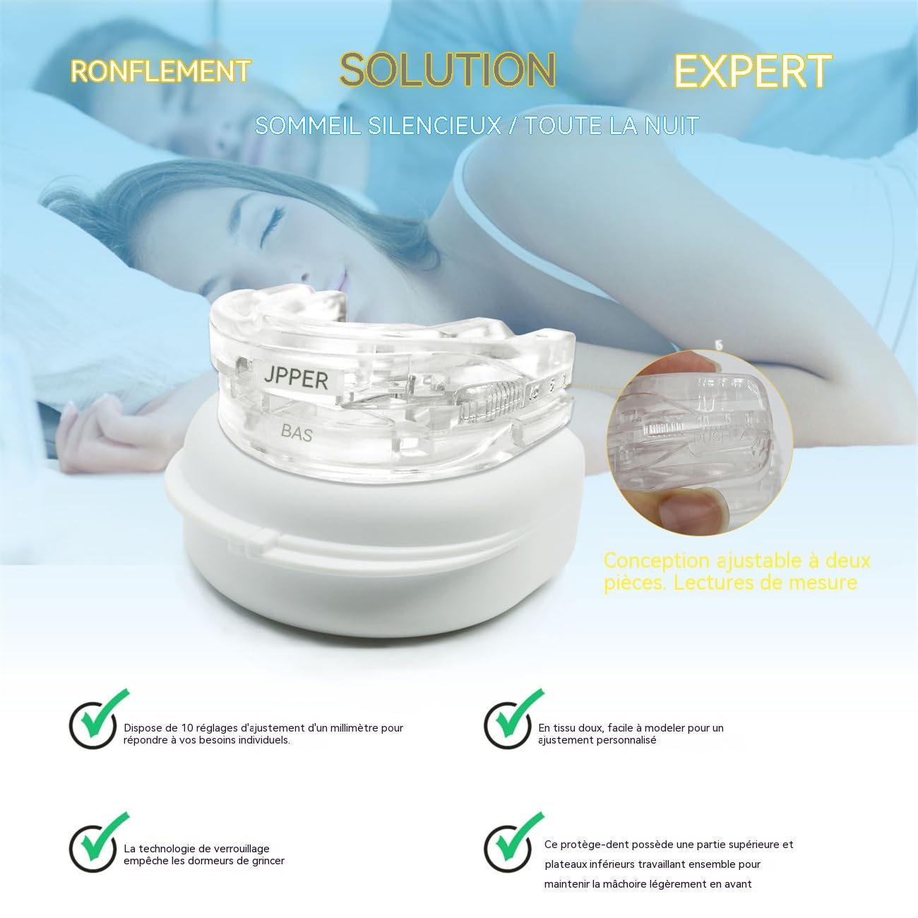 Gouttière Anti-Ronflement Réglable – Orthèse d’Avancée Mandibulaire Confortable – Appareil Anti Ronflement pour Dormir – Protège-Dents Souple, Ajustable & Facile à Nettoyer