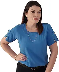 Blusa Social Feminina Manga Curta Detalhe Botão Tecido Viscolinho Camisa Alfaiataria Elegante