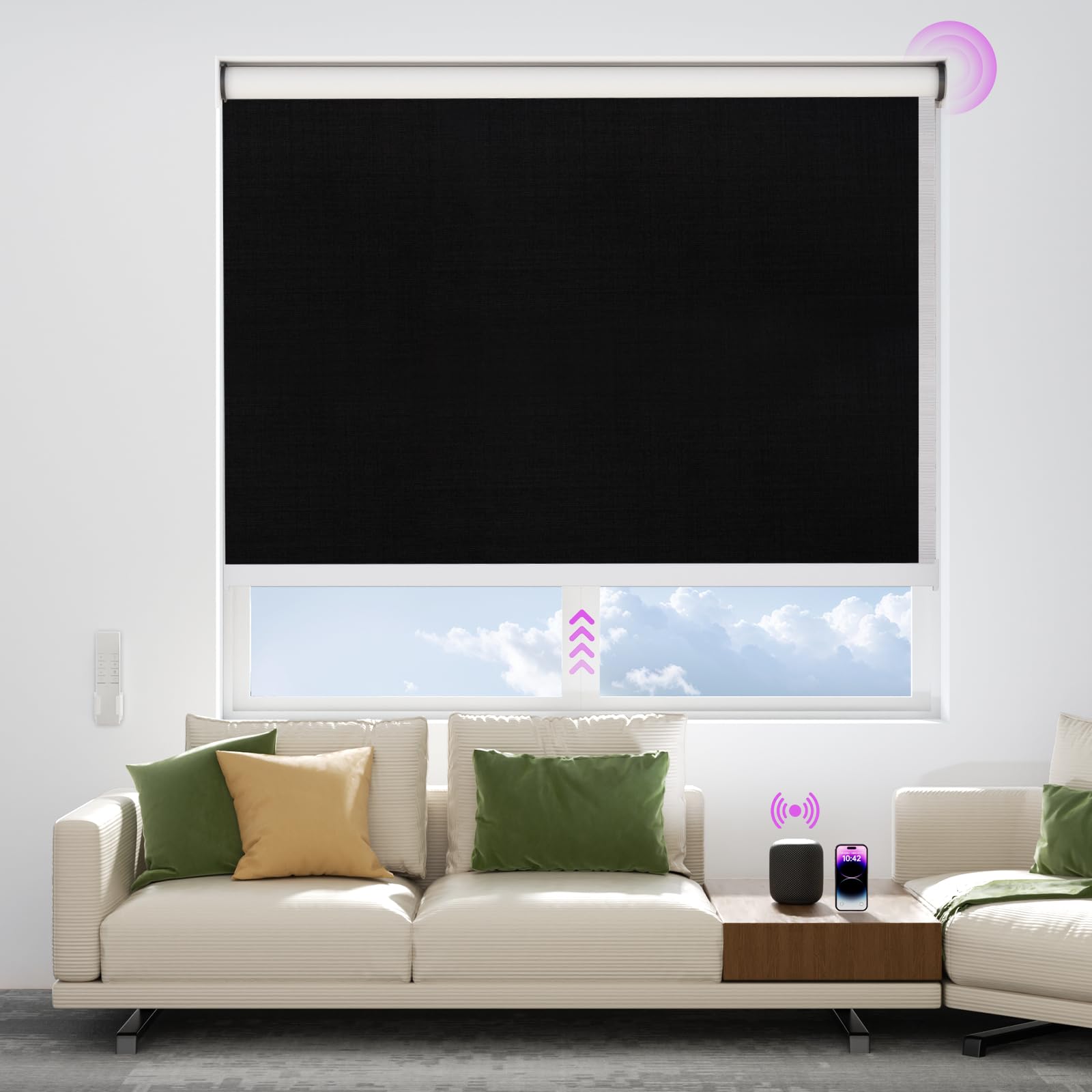 Astomi Motorized Blinds with Remote - Blackout Smart Roller Shades Compatible with Alexa Goggle Home Solar Rechargeable Custom