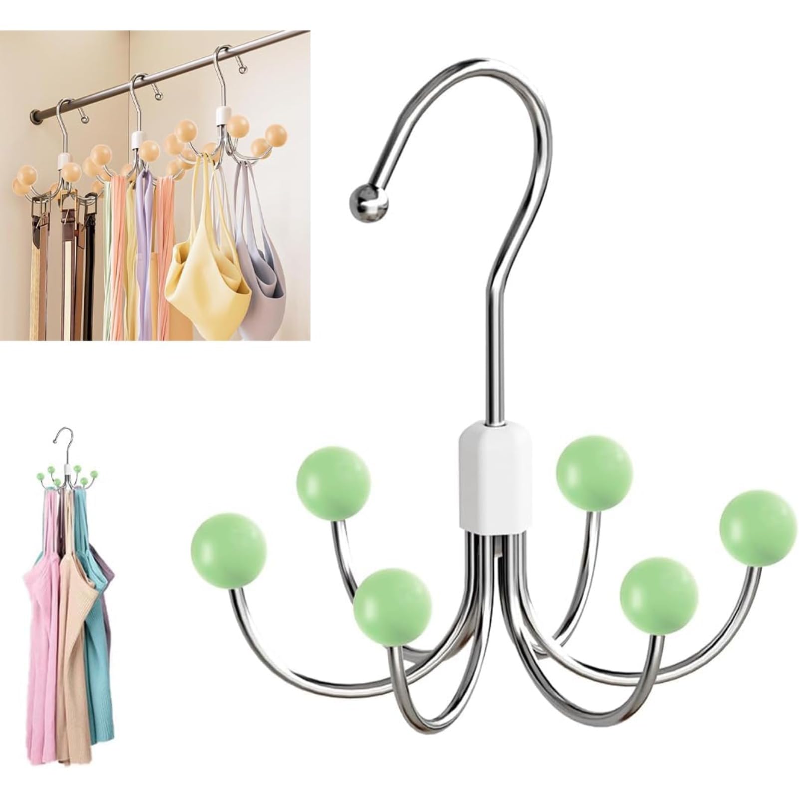 Rotating Wardrobe Hook Hanger 6 Arm Closet Organizer for Scarves Belts Bags Ties Bras Tank Tops Space Saving Rail Hook (Green,14 * 14 * 15cm)