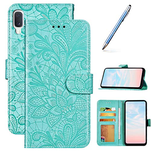 Robinsoni Case Compatible with Samsung Galaxy A20 Phone Case Wallet Galaxy A30 Leather Phone Cover Shockproof Kickstand Case Notebook Cover Flip Stand Book Case Heavy Duty Case Lace Flower Green