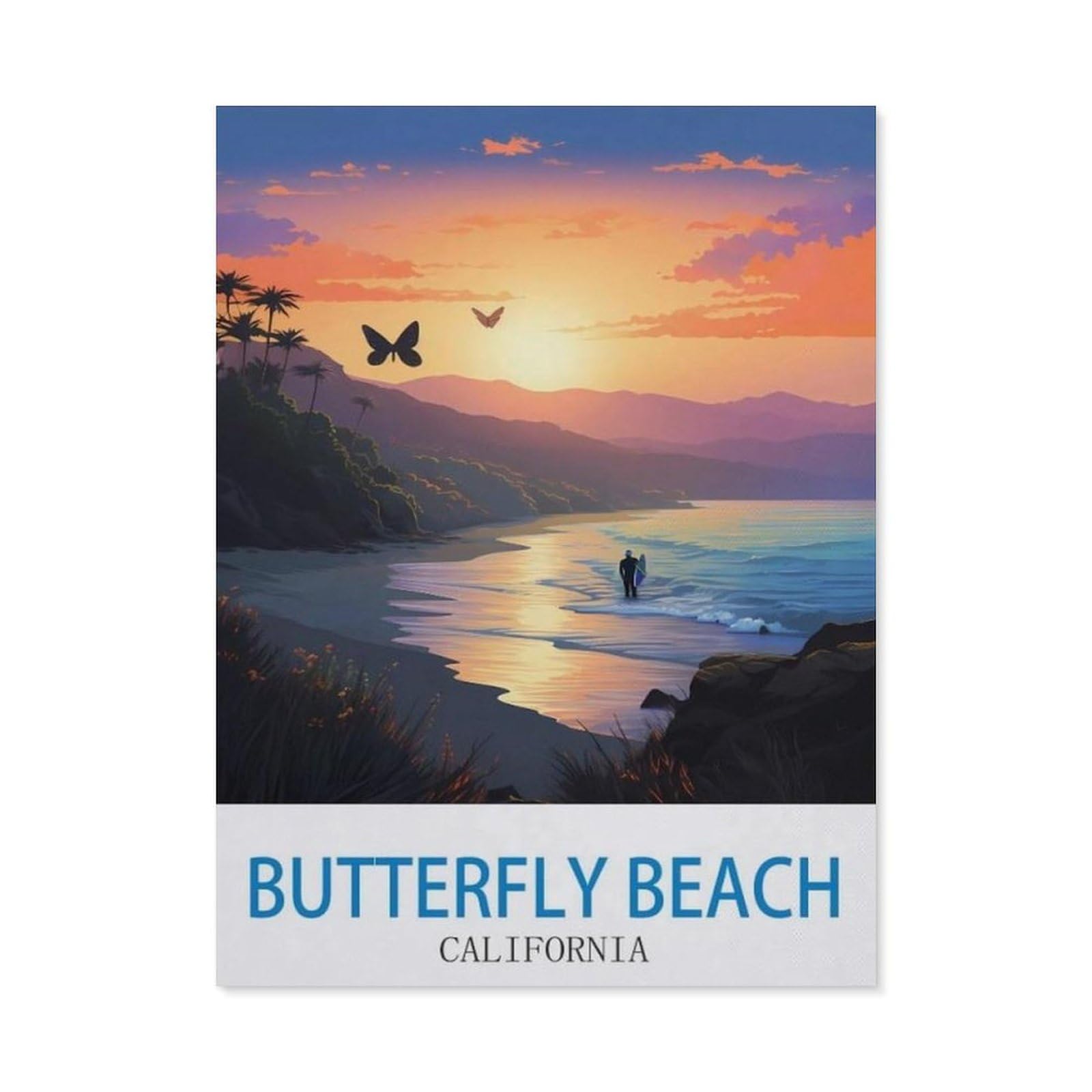 BEAYODKP Diamond Painting Kits for Adults and Kids，Butterfly Beach California Vintage Travel Poster Surf，Full Drill Round Rhinestone Paint with Diamonds（40 x 50 cm/15.74 x 19.68 inches）-CM66