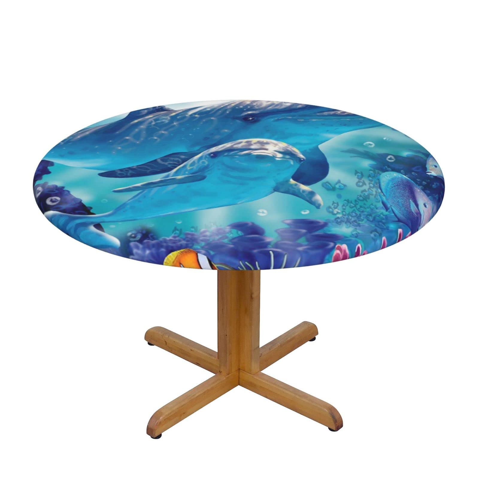 Lsjuee Round Fitted Tablecloth 45-50in Elastic Edged Table Cloth for Kitchen Dining Party Home Decor - Dolphin Underwater Animal