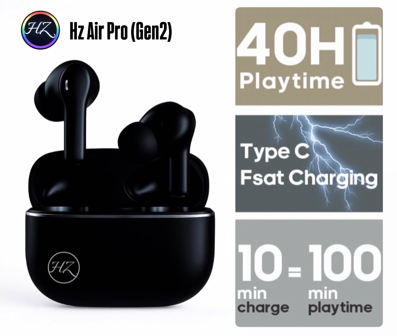 HZ Air Pro (Gen 2) Auriculares Inalámbricos con Cancelación Activa de Ruido ANC, Driver de 13 mm, Modo Transparencia, 6 Micrófonos HD, Bluetooth 5.4 Estable y Estuche de Carga Rápida USB C