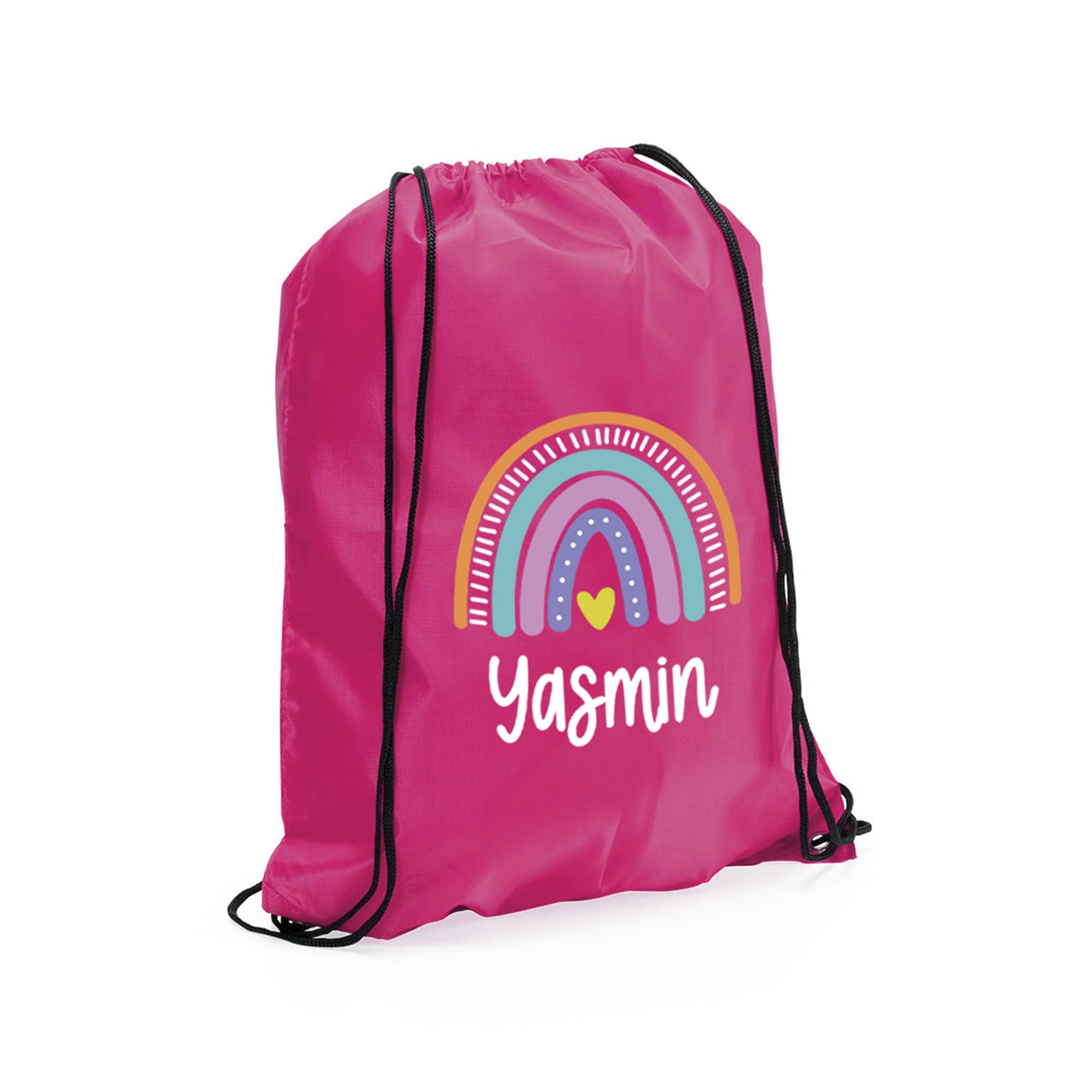 eBuyGB Personalised Rainbow Drawstring, Childs PE, Sports Day, Girls Swimming, Custom Name, Party Goodie, Primary School PE Kit (Pink)