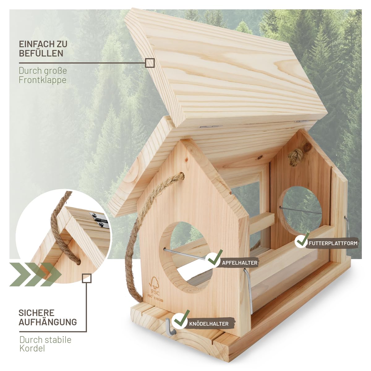 wildtier liebe Vogelfutterhaus groß aus Natur-Holz I XL Vogelhaus zum Aufhängen Wetterfest I Futterhaus Futterstation für Vögel, Vogelhäuschen, Vogel Haus