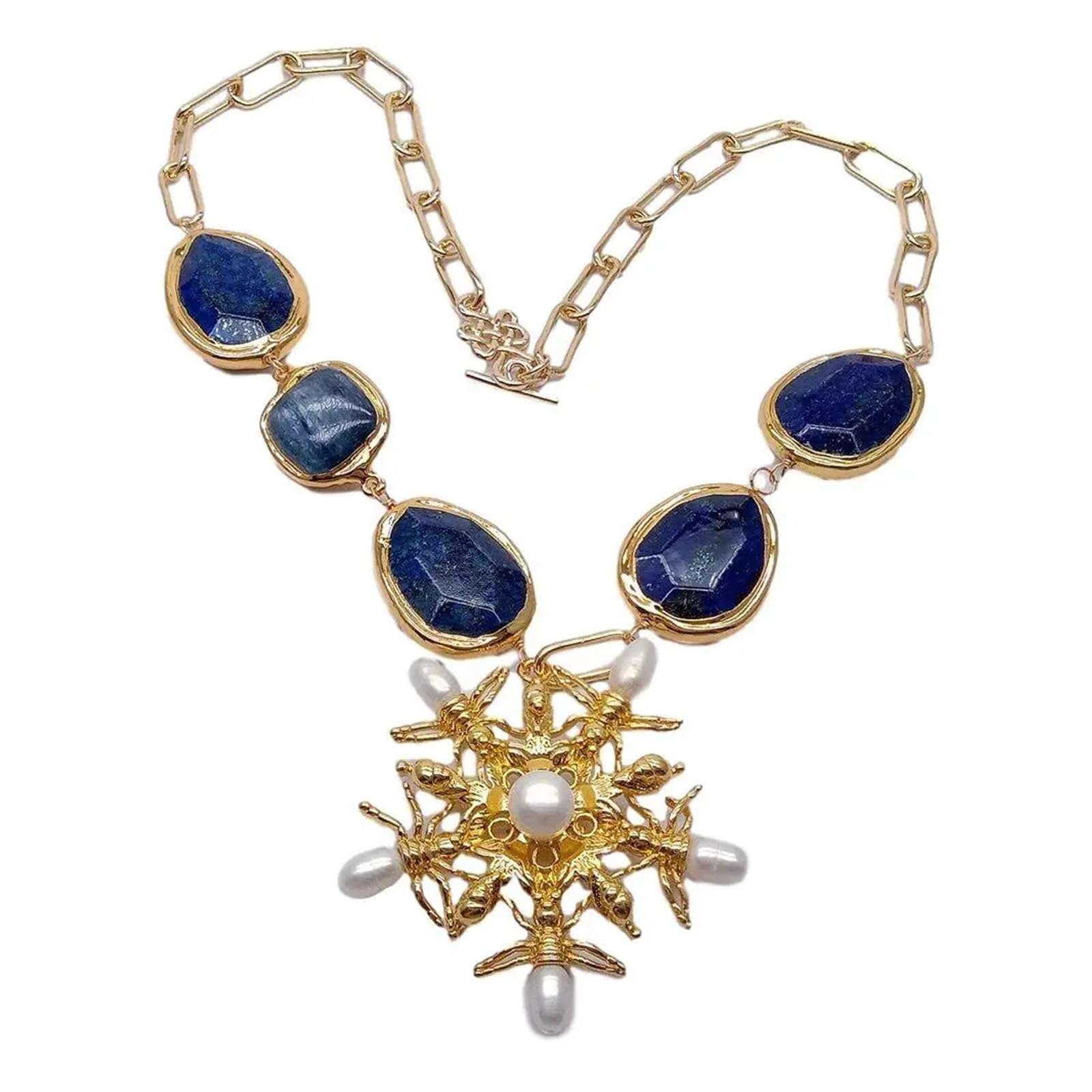 White Pearl animal charm Pendant 21" for women Blue Lapis Kyanite Gold color Plated Edge Chain Necklace