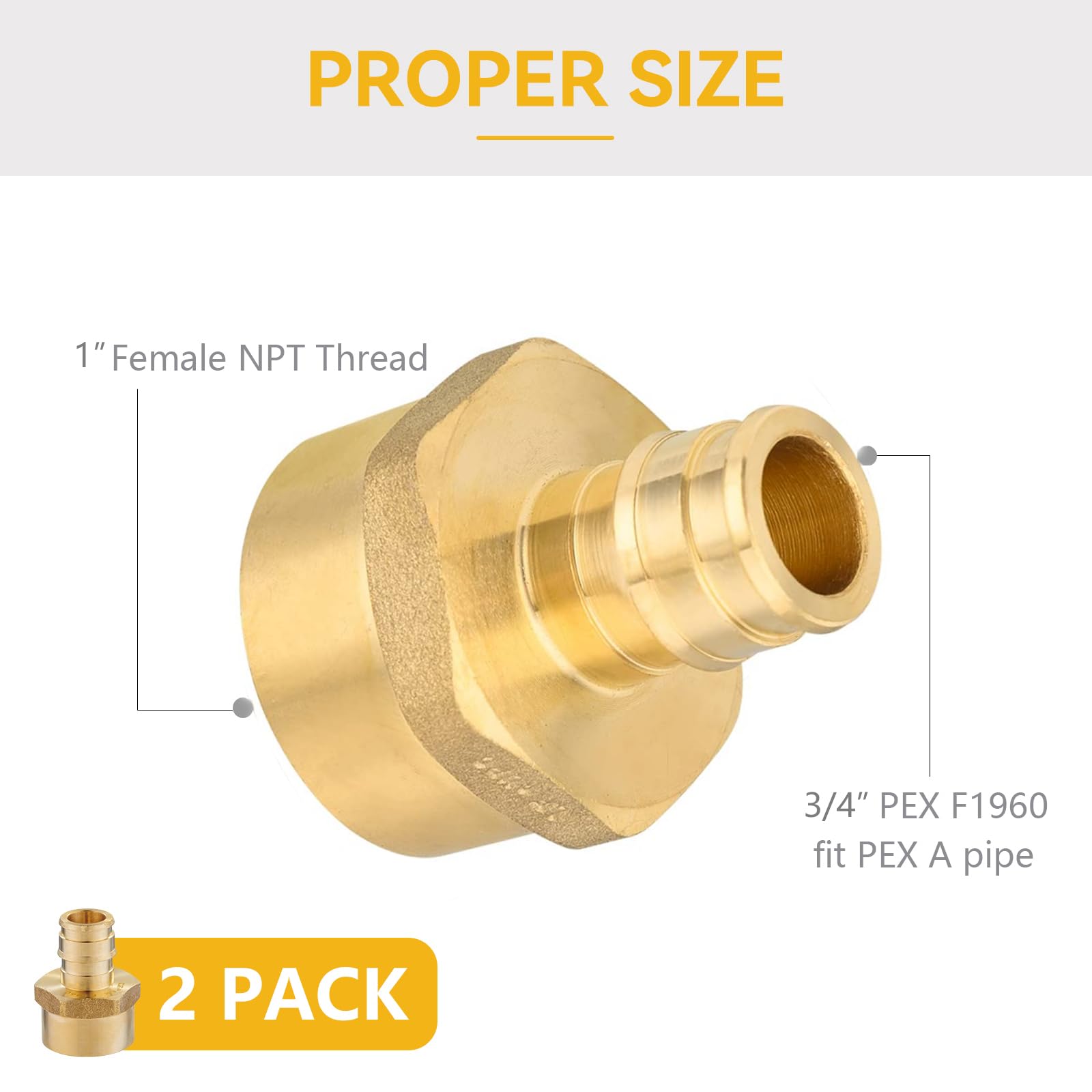 Paquete de 2 Accesorios PEX-A, PEX de 3/4 de Pulgada x NPT Hembra de 1 Pulgada, Accesorios de expansión roscados Hembra de latón para tubería PEX A, ASTM F1960, Cobre (PEX1960135-2Pack)