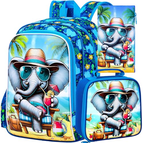 Image of 16 inch Backpack for Boys, 3Pcs Elephant Kids Bookbag with Lunch Box, School Backpacks Set for Elementary Preschool Kindergarten(Blue)
