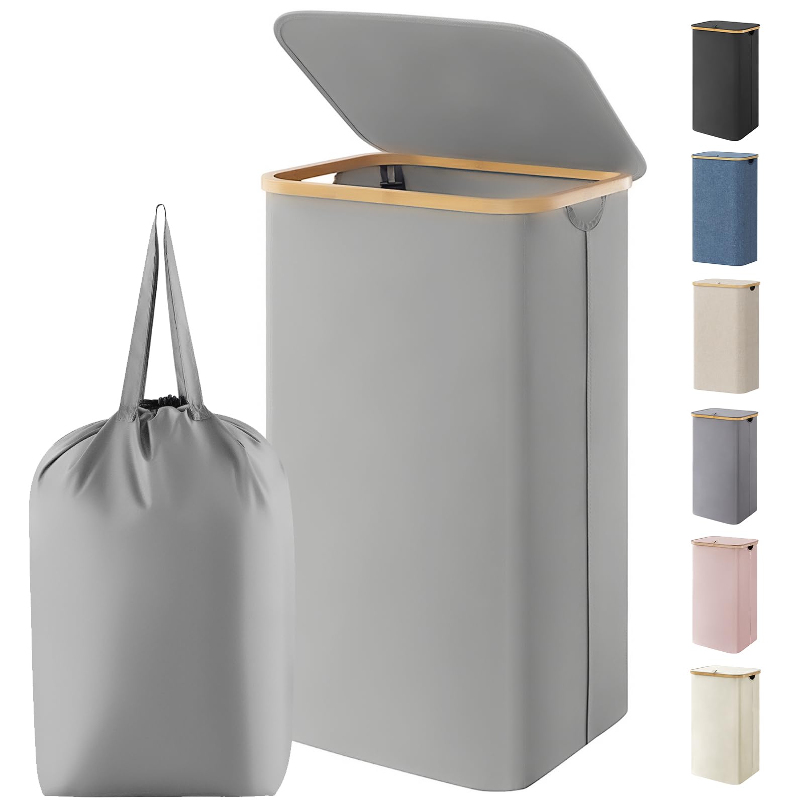 Lifewit 100L Laundry Basket with Lid, Clothes Hampers for Laundry with Bamboo Handles and 1 Removable Bag, Large Foldable Laundry Hamper for Bedroom, Bathroom, Dorm, Laundry Room, Silver Grey