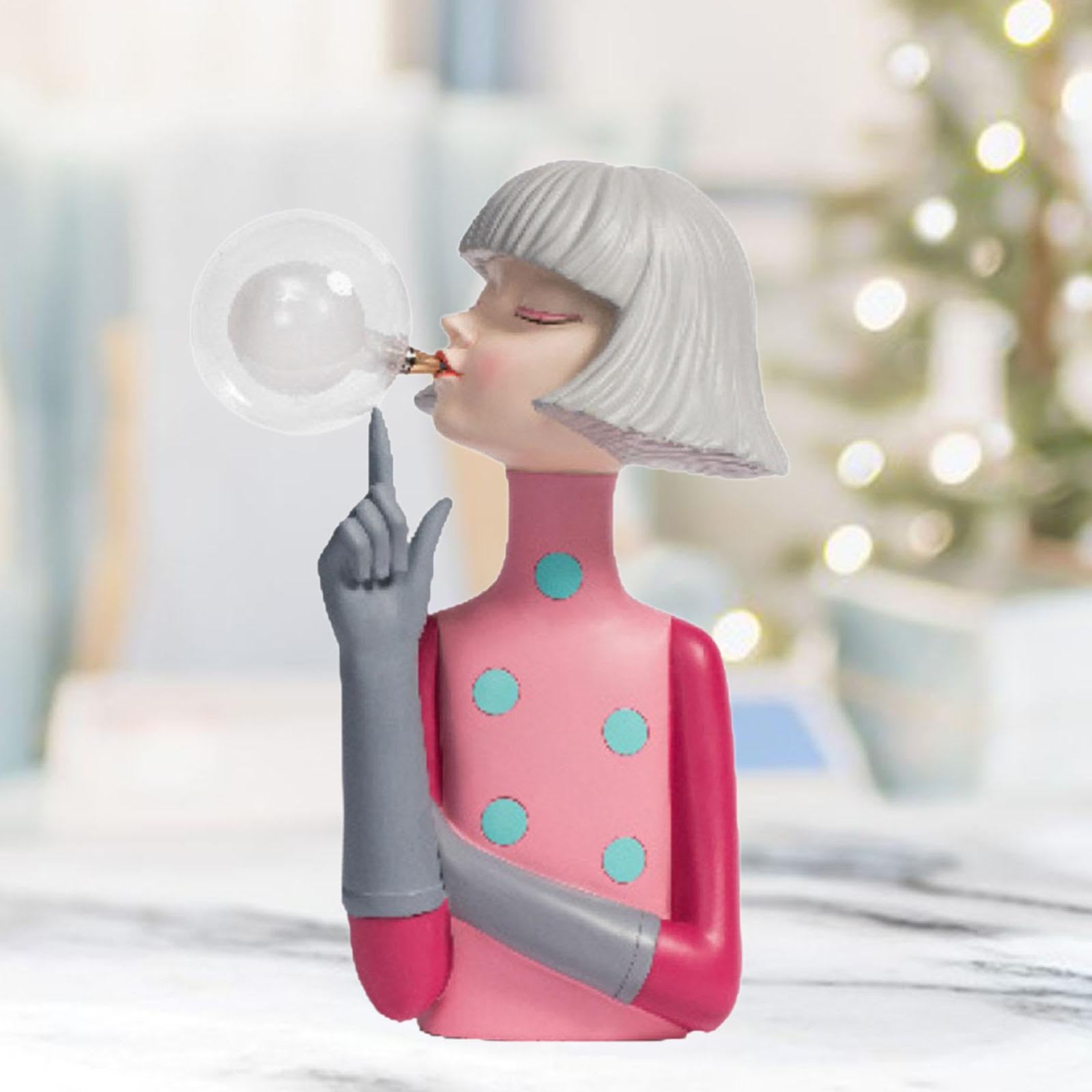 Lámpara de Noche Creativa Decoración de Escritorio Niña Soplando Burbuja Lámpara Moderna Figura Decorativa para Dormitorio Oficina Sala de Estudio, Rojo, Individual