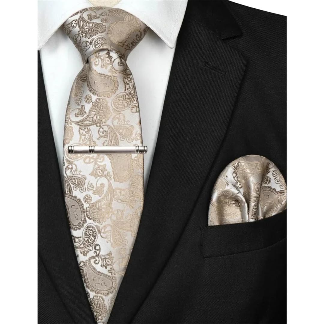Juego de corbata y pañuelo de bolsillo para hombre con estampado de cachemira, color liso