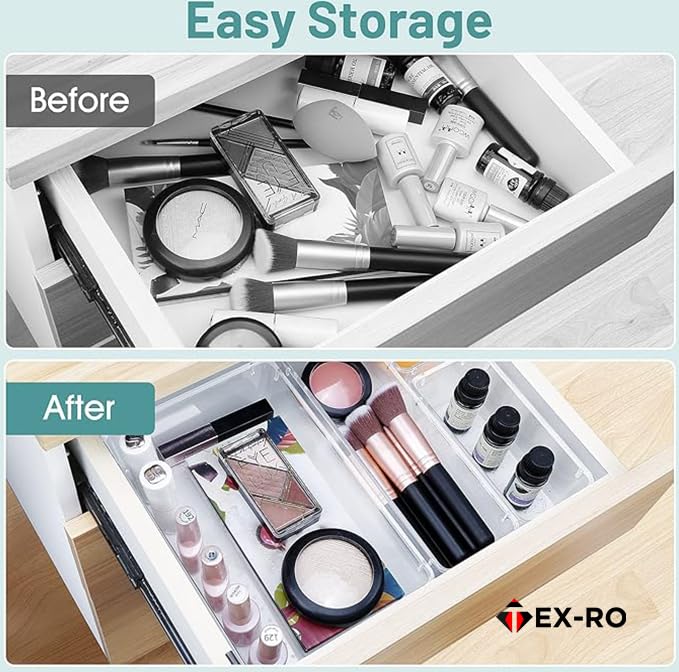 Image of TEX-RO Drawer Organizer Tray - Multi-Purpose Drawers Organisers, Dressing Table Organiser & Make up Organiser -Perfect for Cosmetics, Jewelry, Kitchen and Bathroom (21 pcs, Transparent)